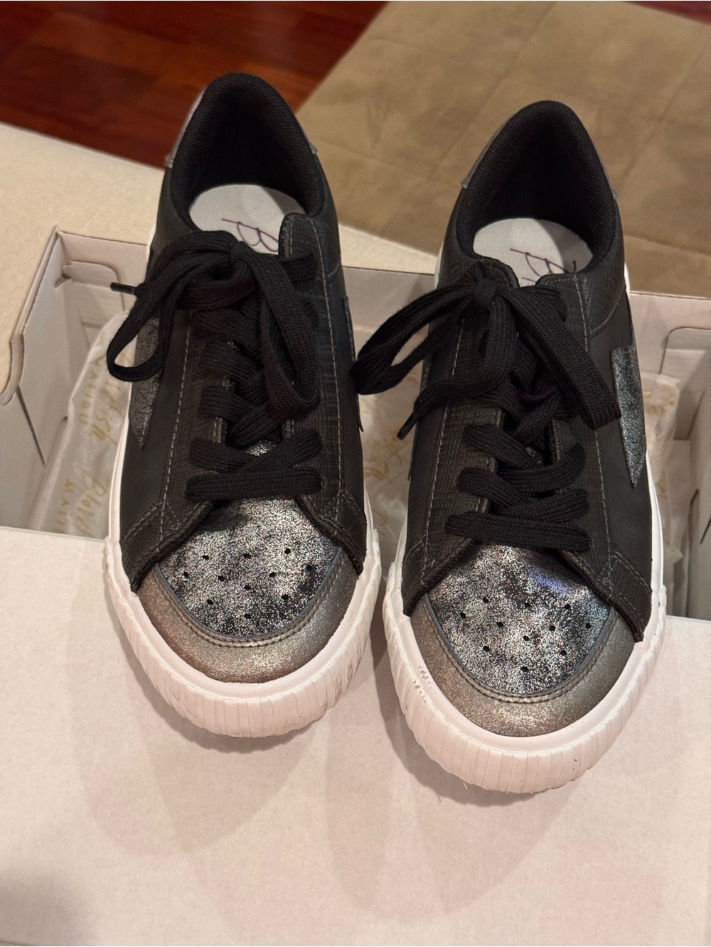 Black and Silver Women's Lace-Up Sneakers with Metallic Toe